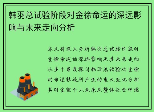 韩羽总试验阶段对金徐命运的深远影响与未来走向分析